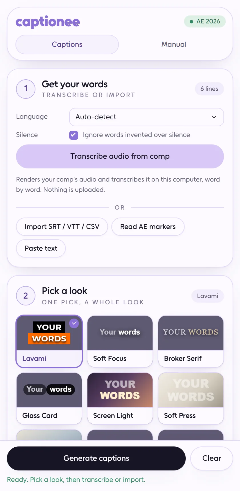 Captionee panel in After Effects: transcribe audio from the comp, import SRT, VTT or CSV, and the first caption styles