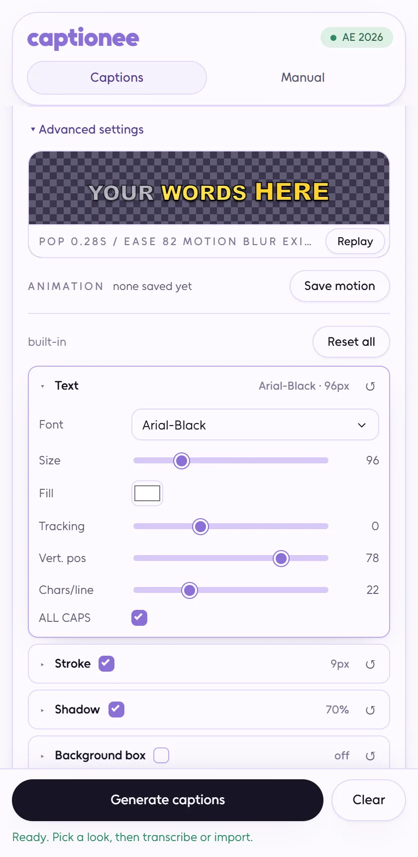Captionee advanced settings: live caption preview with font, size, tracking and position sliders