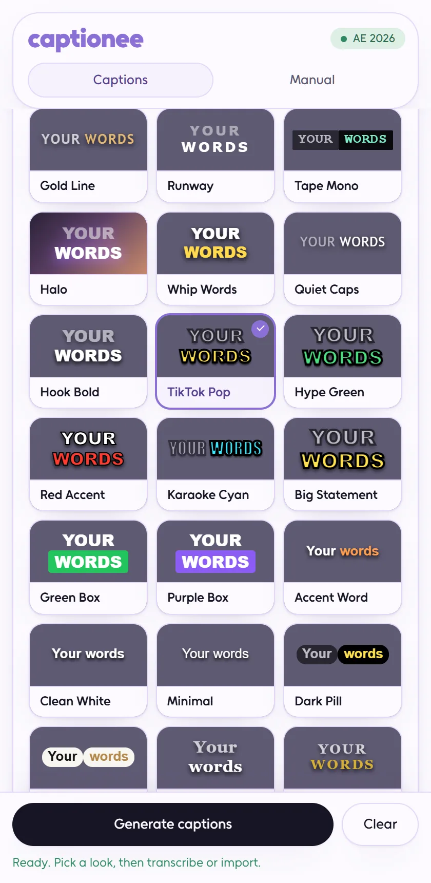 Captionee style gallery: a grid of caption looks with TikTok Pop selected