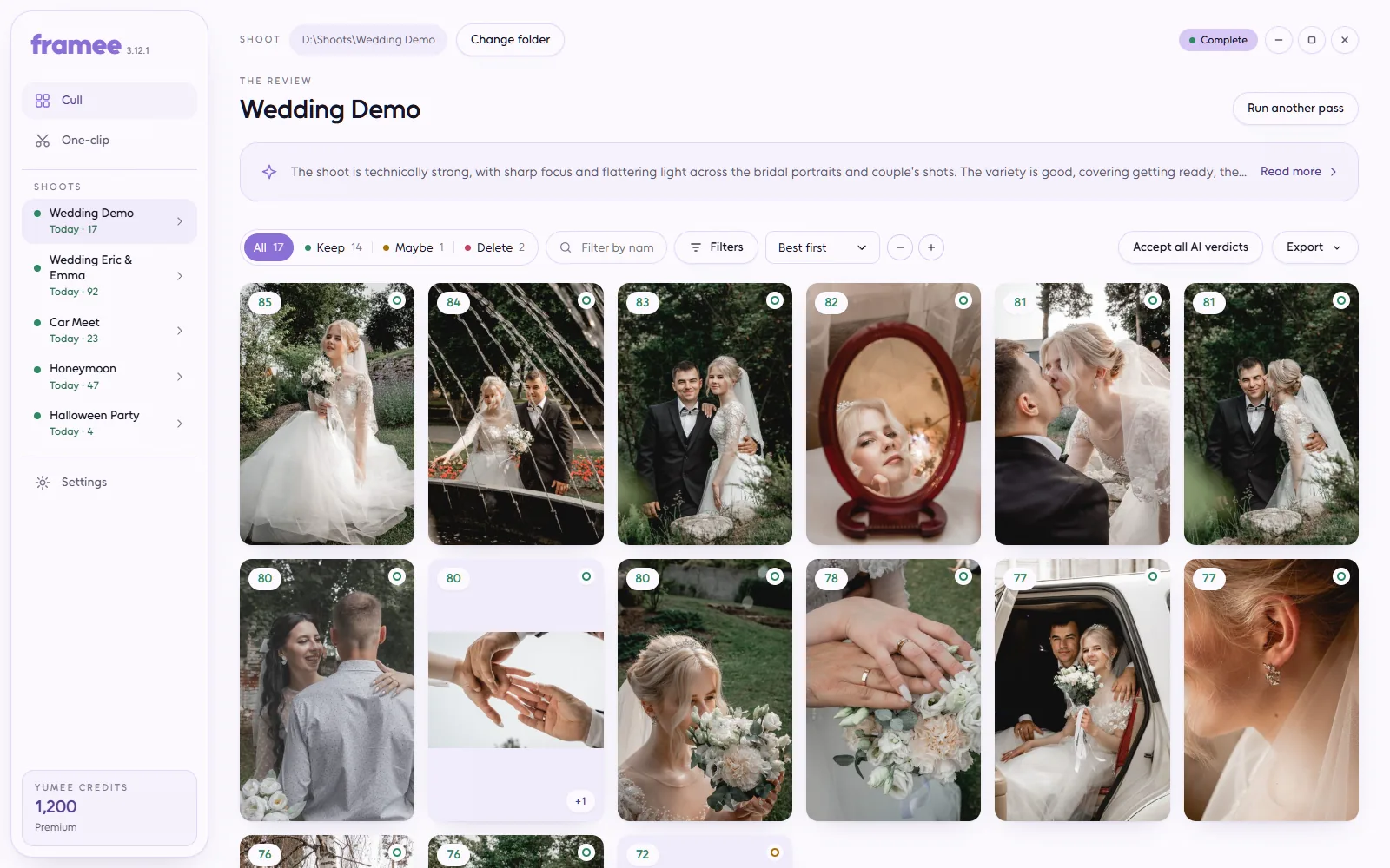 Framee review of a wedding shoot: a wall of portrait photos, each with its score, sorted best first, and the shoots in the rail on the left