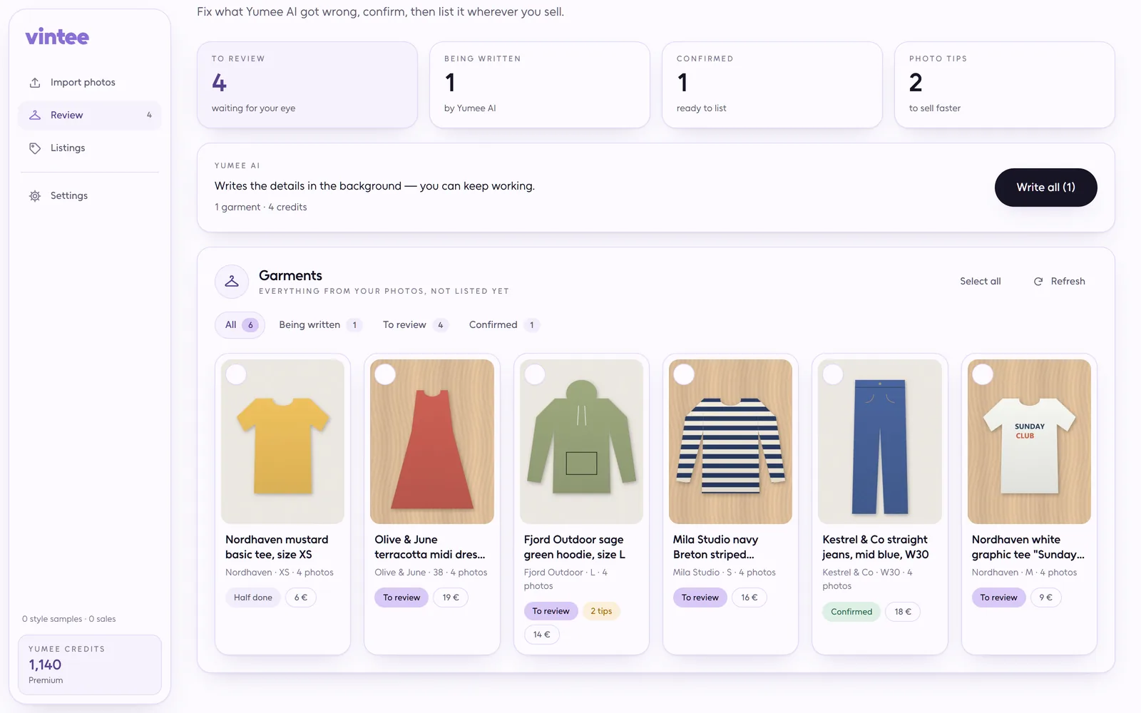 Vintee review page: counts to review, being written and confirmed, the Yumee AI card and six garments with cover photos, titles, sizes, prices and status
