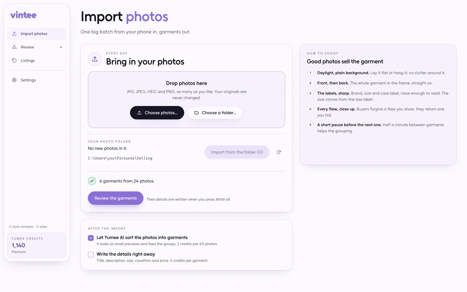 Vintee import screen: drop zone, the photo folder, 6 garments found in 24 photos and the tips for shooting a garment