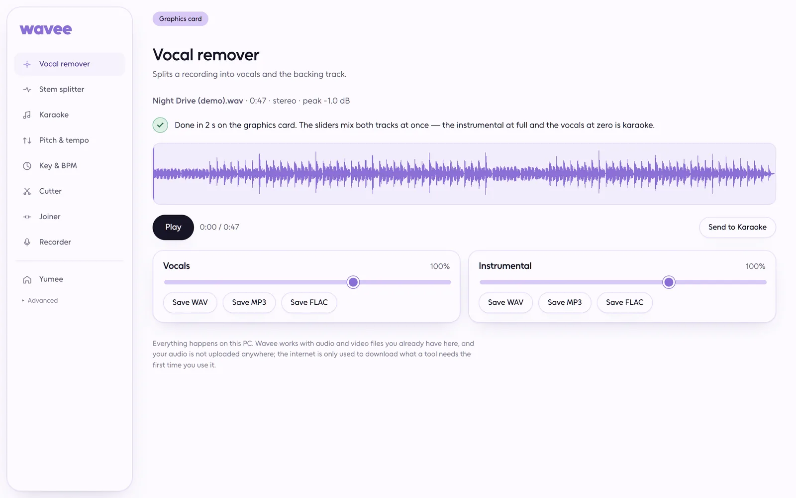 Wavee vocal remover: a song split into vocals and instrumental with a mix slider and WAV, MP3 and FLAC export for each