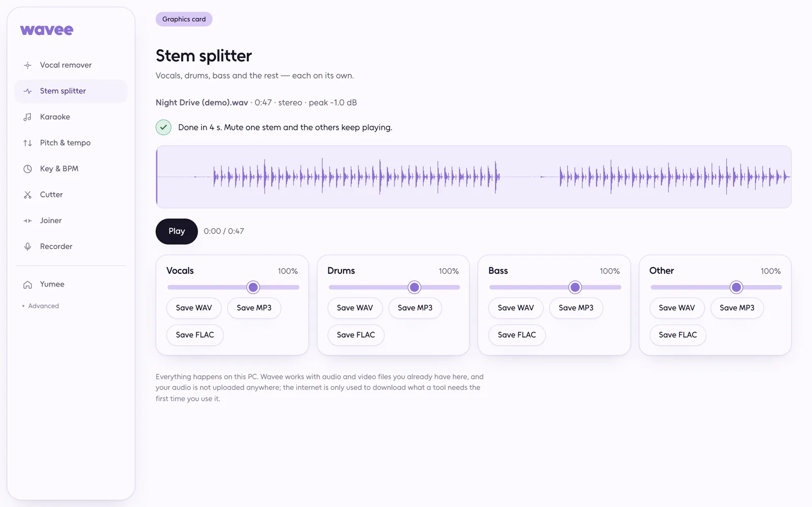 Wavee stem splitter: a song split into vocals, drums, bass and other, each with a level slider and export buttons