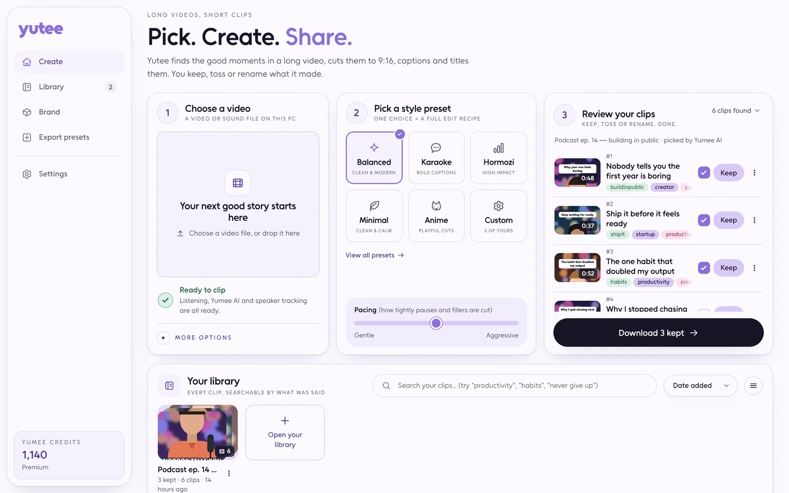 Yutee create screen: choose a video file, pick a style preset, and six clips from a podcast episode ready to keep or toss
