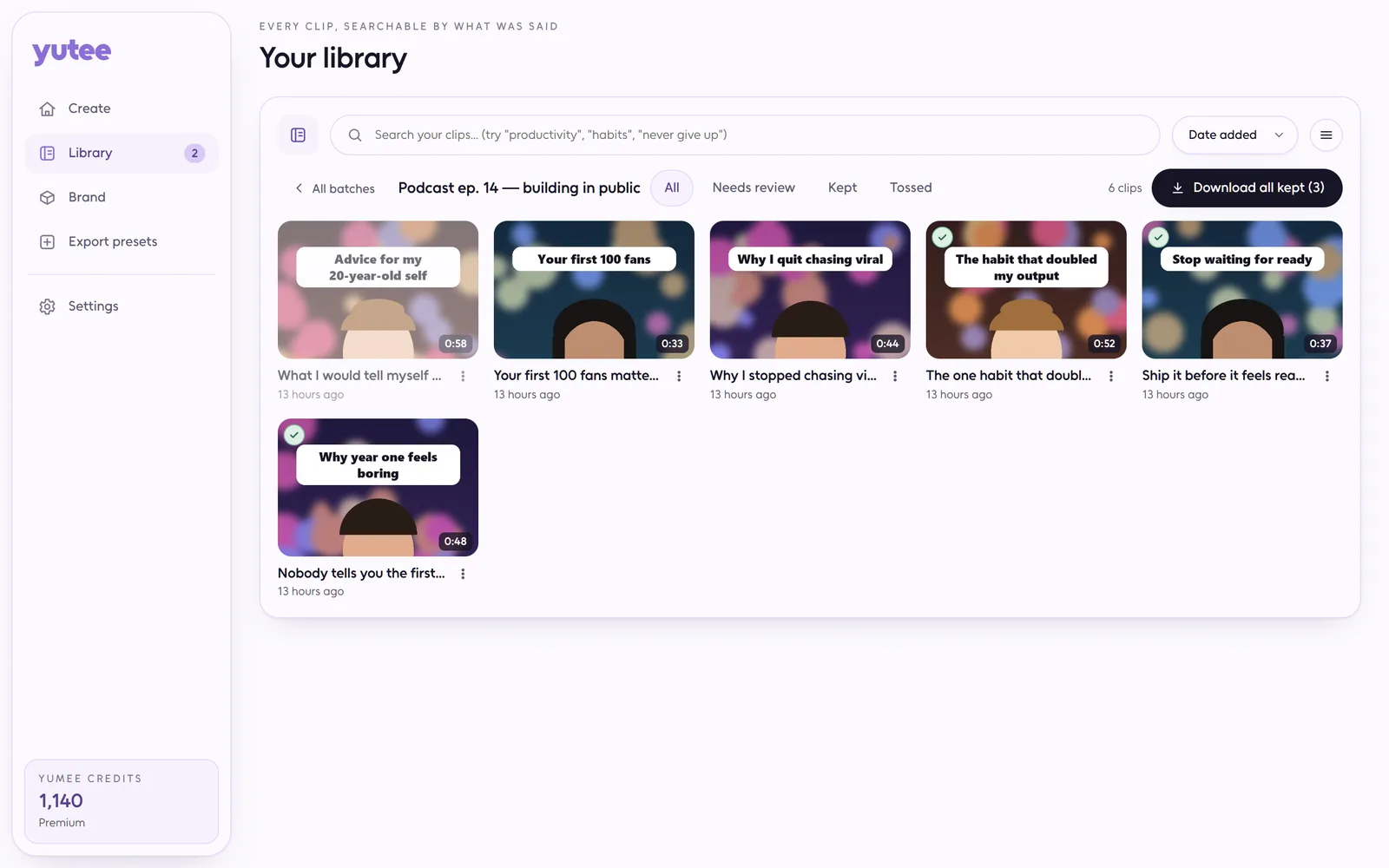 Yutee library: six vertical clips from one podcast episode with their titles, lengths and kept marks